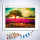 Malen nach Zahlen - Beleuchteter Sonnenbaum - hochwertige Leinwand - Baum, Horizontal, Landschaft, Sonnenuntergang