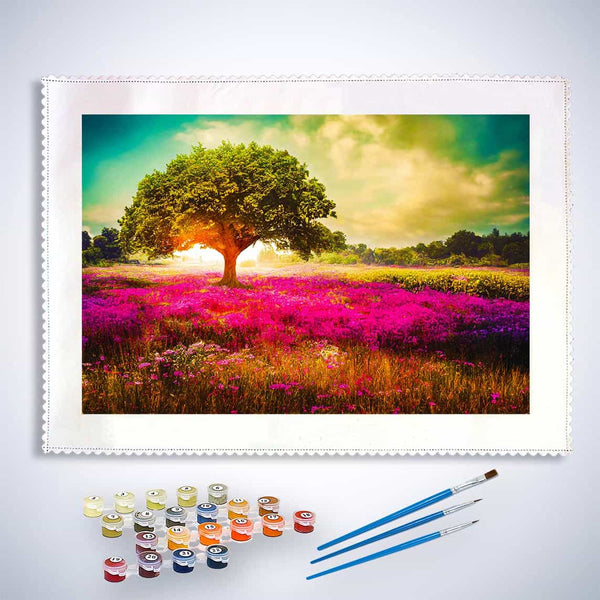 Malen nach Zahlen - Beleuchteter Sonnenbaum - hochwertige Leinwand - Baum, Horizontal, Landschaft, Sonnenuntergang