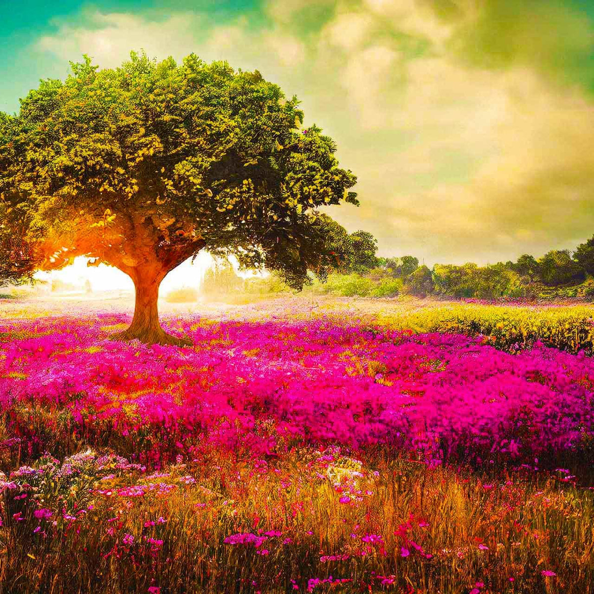 Malen nach Zahlen - Beleuchteter Sonnenbaum - hochwertige Leinwand - Baum, Horizontal, Landschaft, Sonnenuntergang