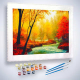 Malen nach Zahlen - Rote Bäume, Sonnenuntergang - hochwertige Leinwand - Fluss, Horizontal, Landschaft, Sonnenuntergang