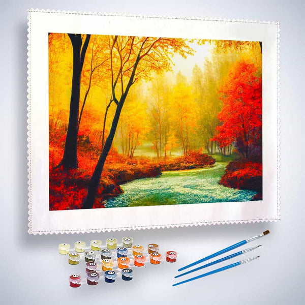 Malen nach Zahlen - Rote Bäume, Sonnenuntergang - hochwertige Leinwand - Fluss, Horizontal, Landschaft, Sonnenuntergang