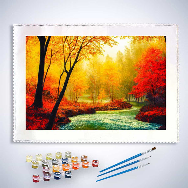 Malen nach Zahlen - Rote Bäume, Sonnenuntergang - hochwertige Leinwand - Fluss, Horizontal, Landschaft, Sonnenuntergang