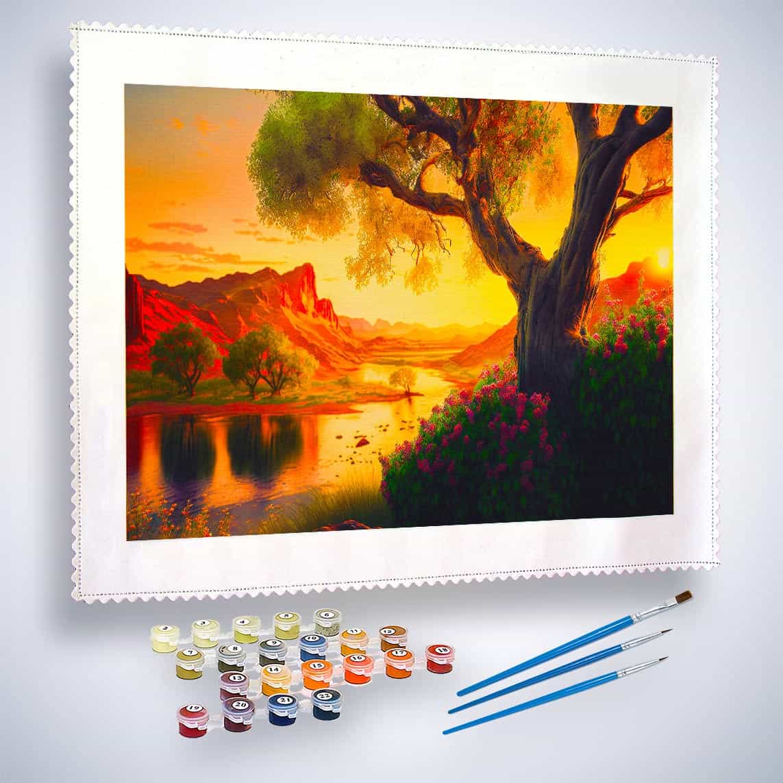 Malen nach Zahlen - Sonnenuntergang am Wüstenfluss - hochwertige Leinwand - Horizontal, Sonnenuntergang, Wüste