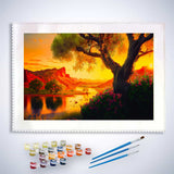 Malen nach Zahlen - Sonnenuntergang am Wüstenfluss - hochwertige Leinwand - Horizontal, Sonnenuntergang, Wüste