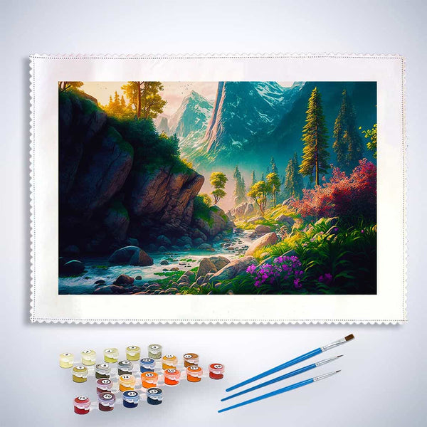 Malen nach Zahlen - Wilder Bergfluss - hochwertige Leinwand - Fluss, Horizontal, Landschaft