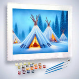 Malen nach Zahlen - Zelte im Schnee - hochwertige Leinwand - Horizontal, Landschaft, Winter
