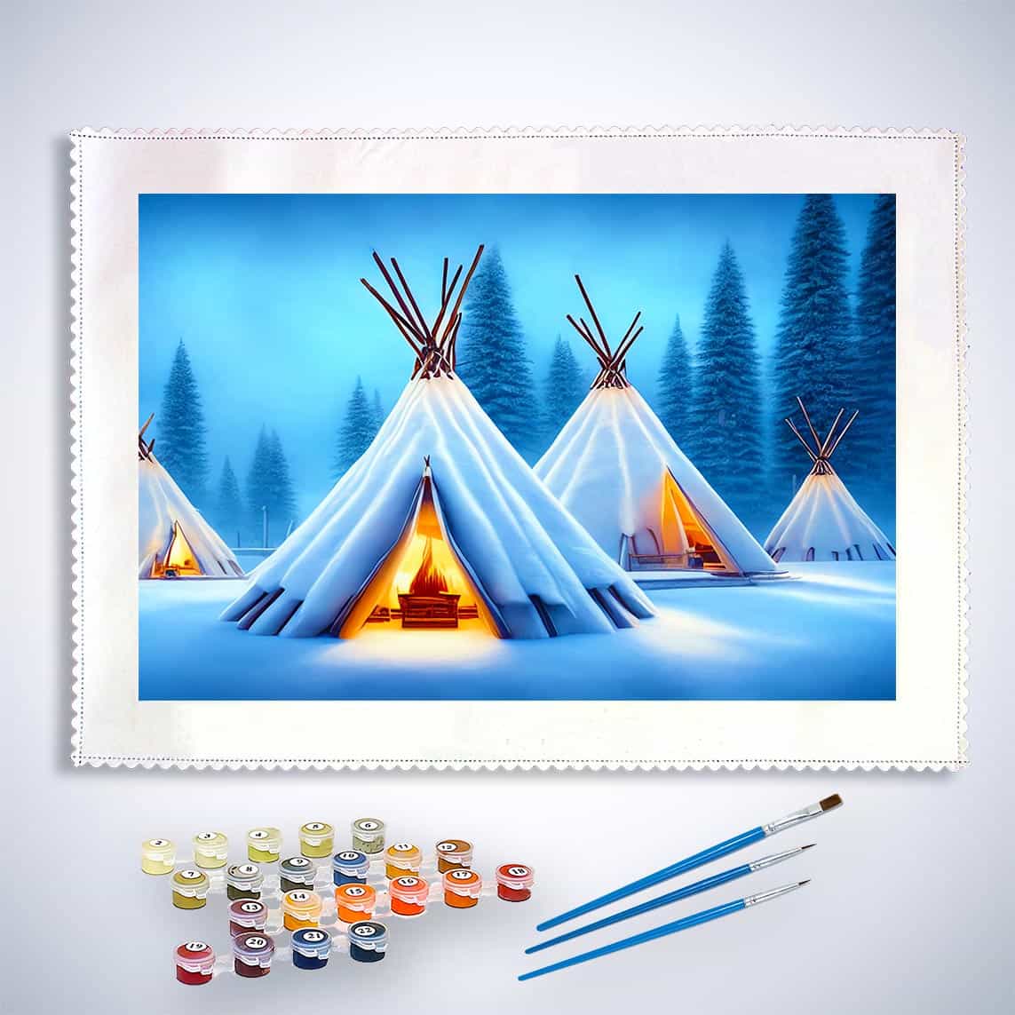 Malen nach Zahlen - Zelte im Schnee - hochwertige Leinwand - Horizontal, Landschaft, Winter