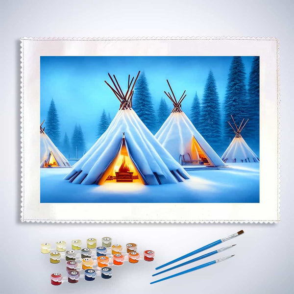 Malen nach Zahlen - Zelte im Schnee - hochwertige Leinwand - Horizontal, Landschaft, Winter