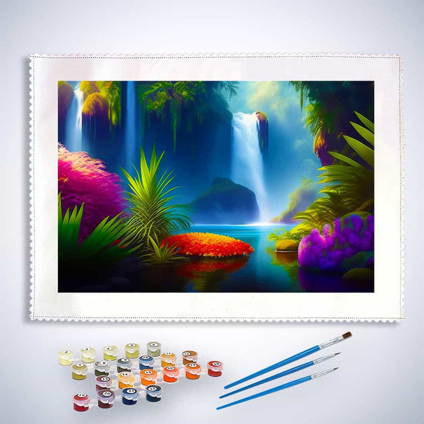 Malen nach Zahlen - Wasserfallparadies - hochwertige Leinwand - Horizontal, Landschaft, Wasserfall
