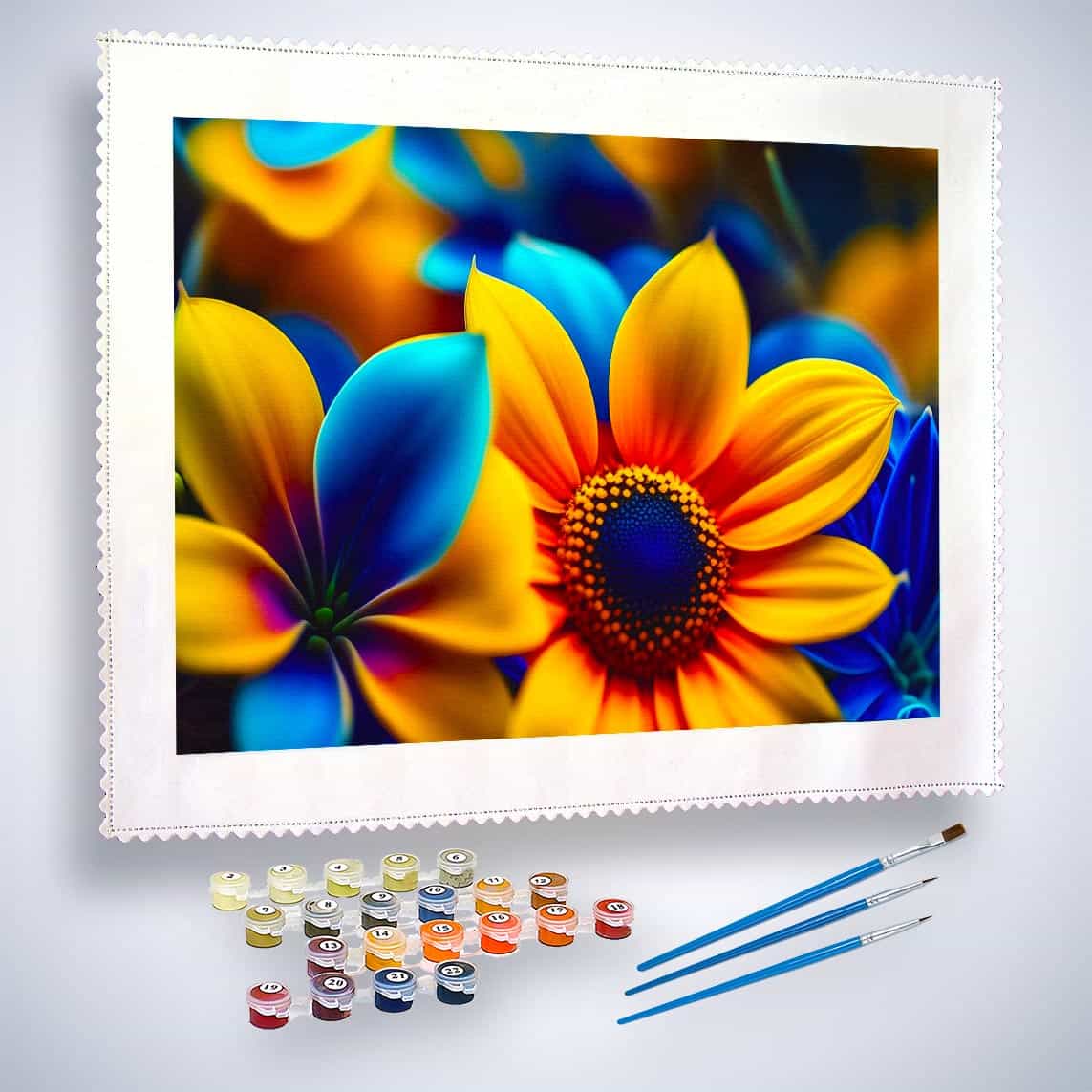 Malen nach Zahlen - Gelb und Blaue Sonnenblume - hochwertige Leinwand - Blumen, Horizontal, Sonnenblume