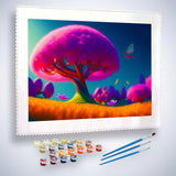 Malen nach Zahlen - Pinker Baum im Feld - hochwertige Leinwand - Fantasy, Horizontal, Landschaft