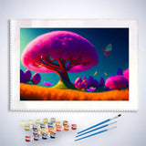 Malen nach Zahlen - Pinker Baum im Feld - hochwertige Leinwand - Fantasy, Horizontal, Landschaft