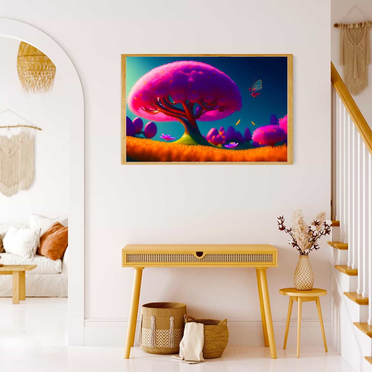 Malen nach Zahlen - Pinker Baum im Feld - hochwertige Leinwand - Fantasy, Horizontal, Landschaft