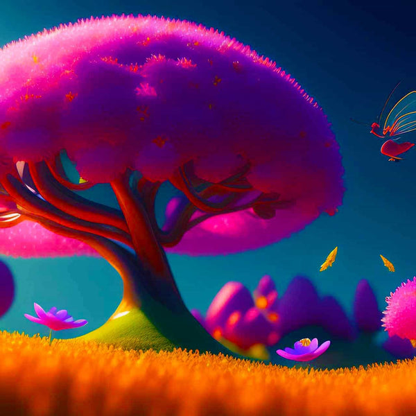 Malen nach Zahlen - Pinker Baum im Feld - hochwertige Leinwand - Fantasy, Horizontal, Landschaft