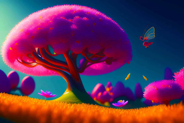 Malen nach Zahlen - Pinker Baum im Feld - hochwertige Leinwand - Fantasy, Horizontal, Landschaft