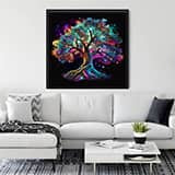 Colorful Tree of Life diamond painting kit hung in a modern living room, perfect for Paint by Numbers enthusiasts.