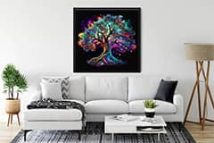Colorful Tree of Life diamond painting kit hung in a modern living room, perfect for Paint by Numbers enthusiasts.