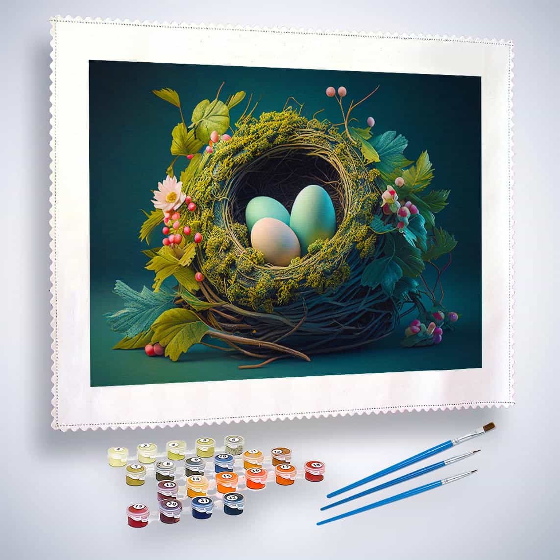 Malen nach Zahlen - Nest mit Eiern - hochwertige Leinwand - Abstrakt, Horizontal, Tiere