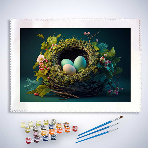 Malen nach Zahlen - Nest mit Eiern - hochwertige Leinwand - Abstrakt, Horizontal, Tiere