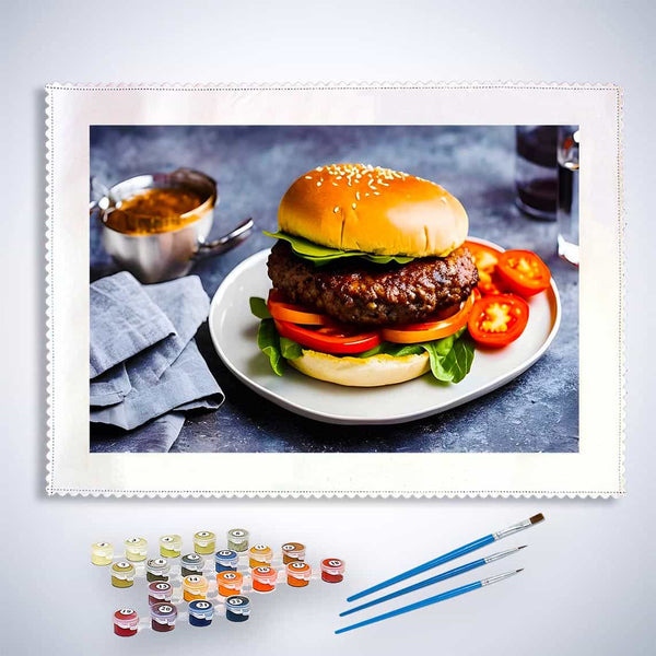 Malen nach Zahlen - Burgerteller - hochwertige Leinwand - Essen, Horizontal, Küche