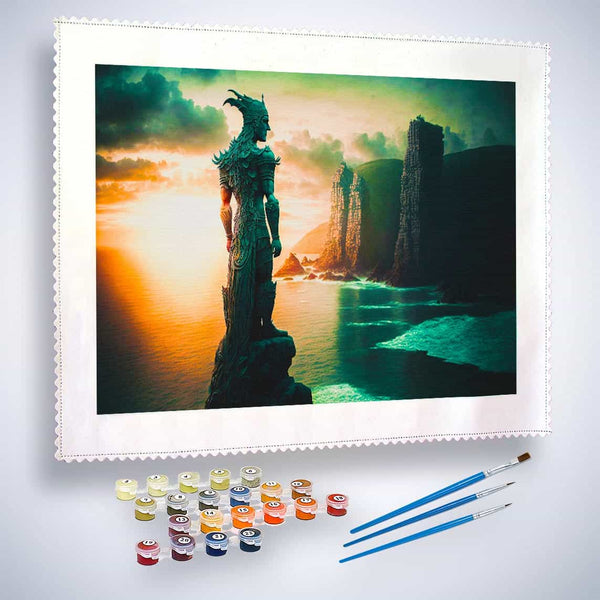 Malen nach Zahlen - Fantasywesen am Fluss - hochwertige Leinwand - Fantasy, Horizontal, Sonnenuntergang