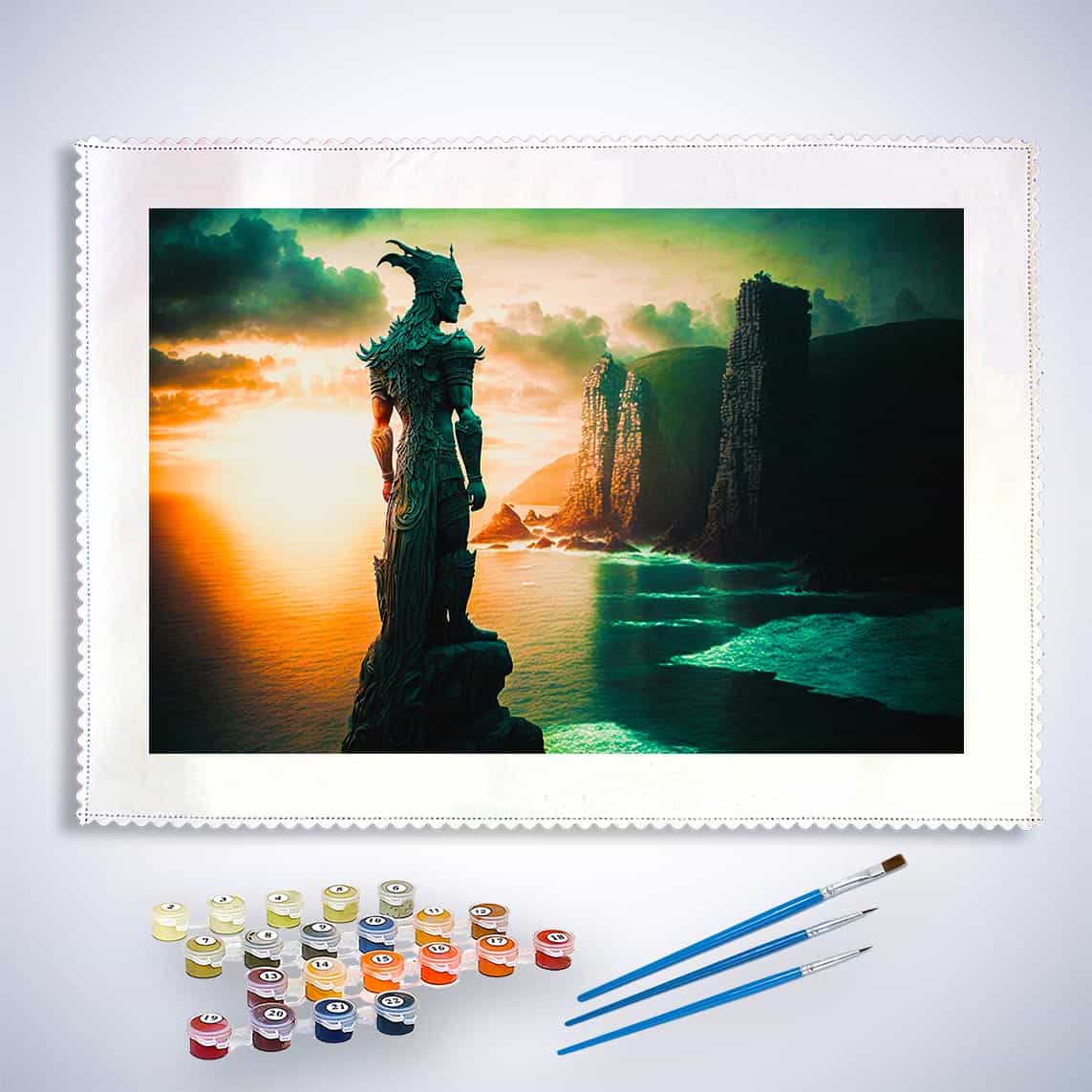 Malen nach Zahlen - Fantasywesen am Fluss - hochwertige Leinwand - Fantasy, Horizontal, Sonnenuntergang