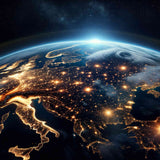 Paint by Numbers - Enlightened Earth: a luminous portrayal of Earth at night, with glowing urban centers and deep blue space.
