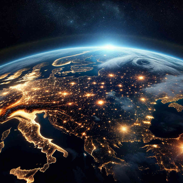 Paint by Numbers - Enlightened Earth: a luminous portrayal of Earth at night, with glowing urban centers and deep blue space.