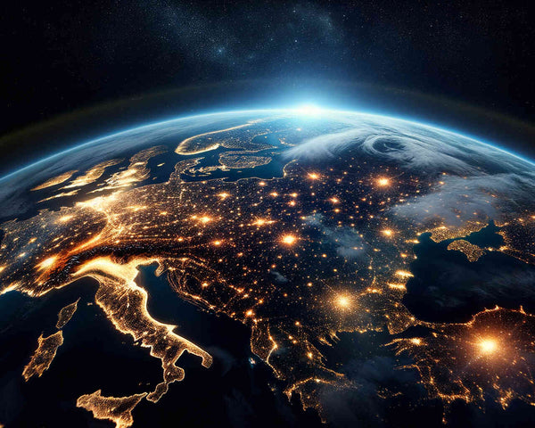 Paint by Numbers - Enlightened Earth: a luminous portrayal of Earth at night, with glowing urban centers and deep blue space.