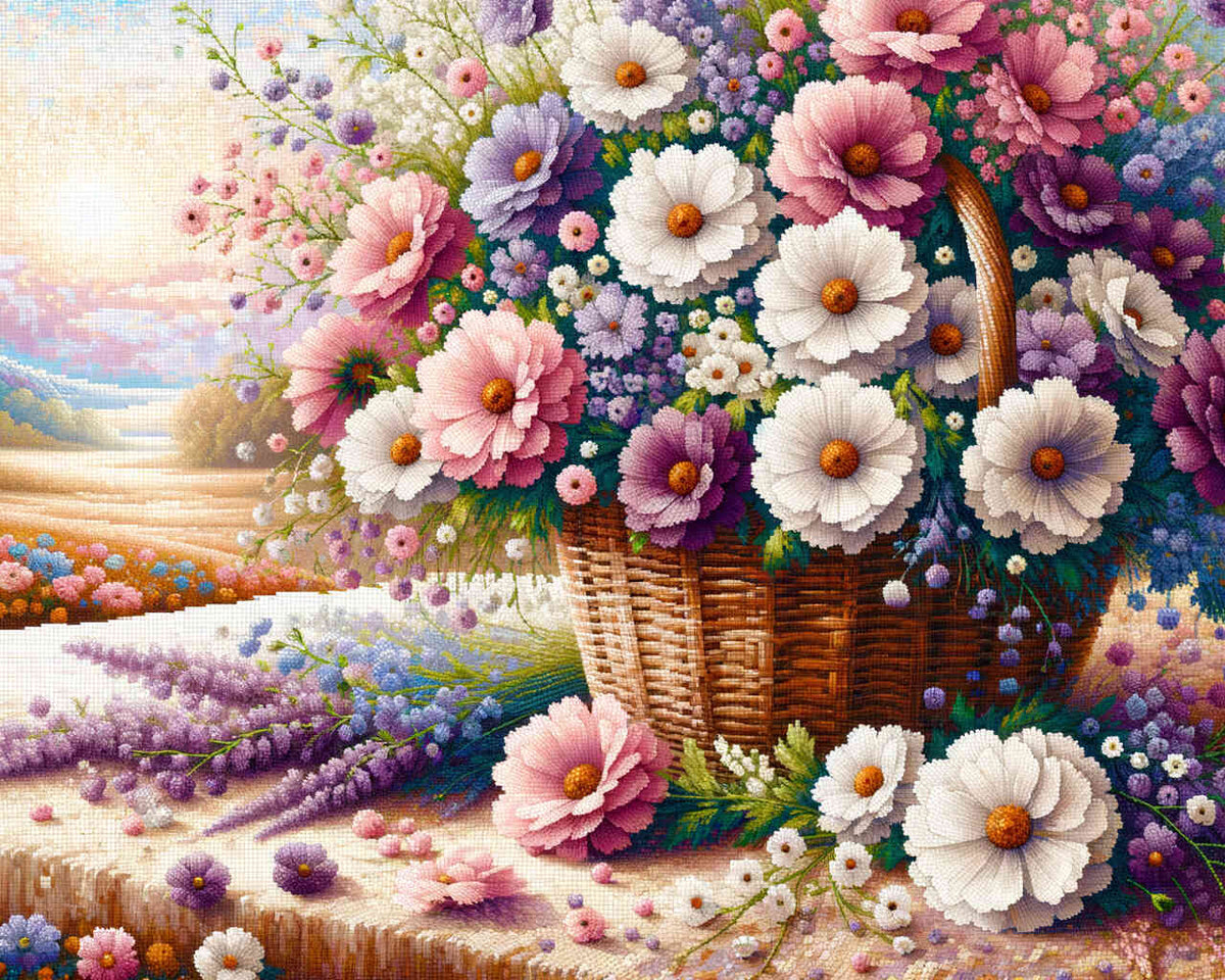 Purple, white flower basket - Paint by Numbers