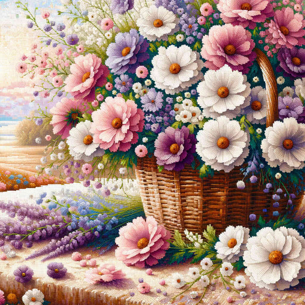 Purple, white flower basket - Paint by Numbers