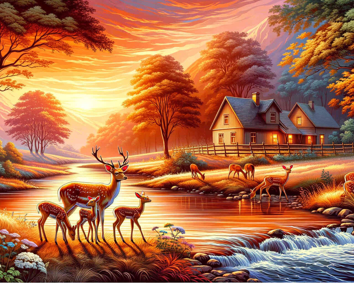 Paint by Numbers - Reindeer Family at the River Front Farmhouse