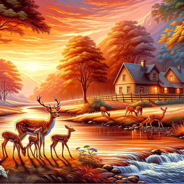 Paint by Numbers - Reindeer Family at the River Front Farmhouse