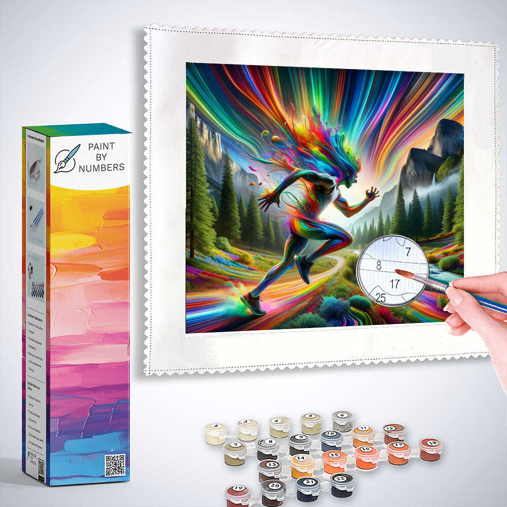 Paint By Numbers kit featuring a colorful runner in a dynamic natural setting with rolling mountains and vibrant colors.