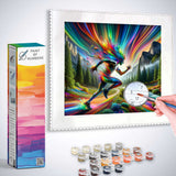 Paint By Numbers kit featuring a colorful runner in a dynamic natural setting with rolling mountains and vibrant colors.