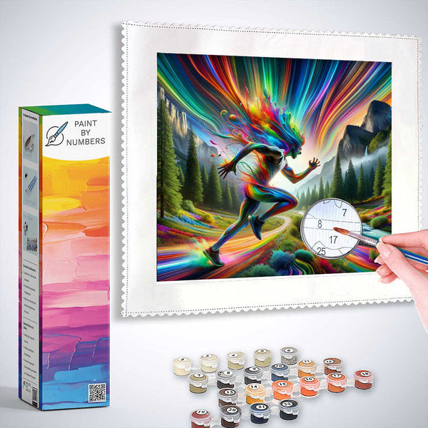 Paint By Numbers kit featuring a colorful runner in a dynamic natural setting with rolling mountains and vibrant colors.