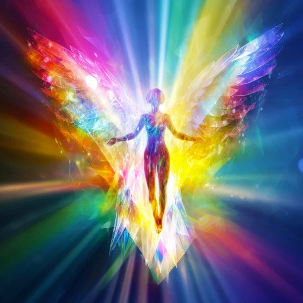Vibrant Diamond Painting of a Colorful Angel with Radiant Wings, Perfect for Paint by Numbers Enthusiasts.