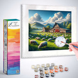 Paint by Numbers kit featuring idyllic country life scene with green meadows, sheep, rustic farmhouses, and majestic mountain backdrop.