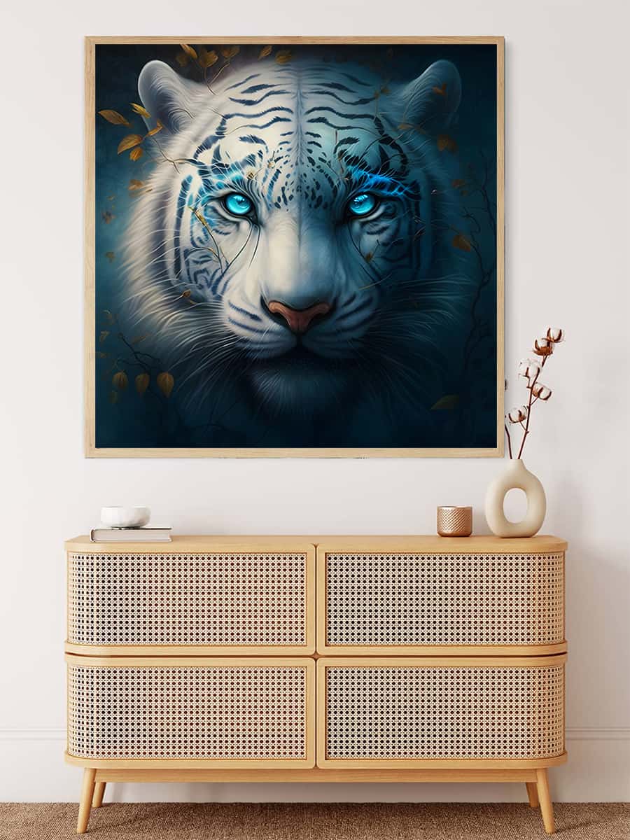 White Tiger Diamond Painting on canvas above wooden cabinet in modern room.