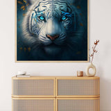 White Tiger Diamond Painting on canvas above wooden cabinet in modern room.