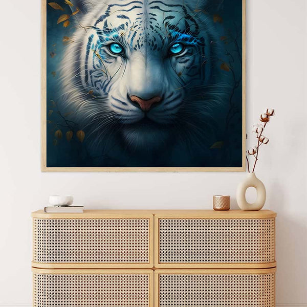 White Tiger Diamond Painting on canvas above wooden cabinet in modern room.