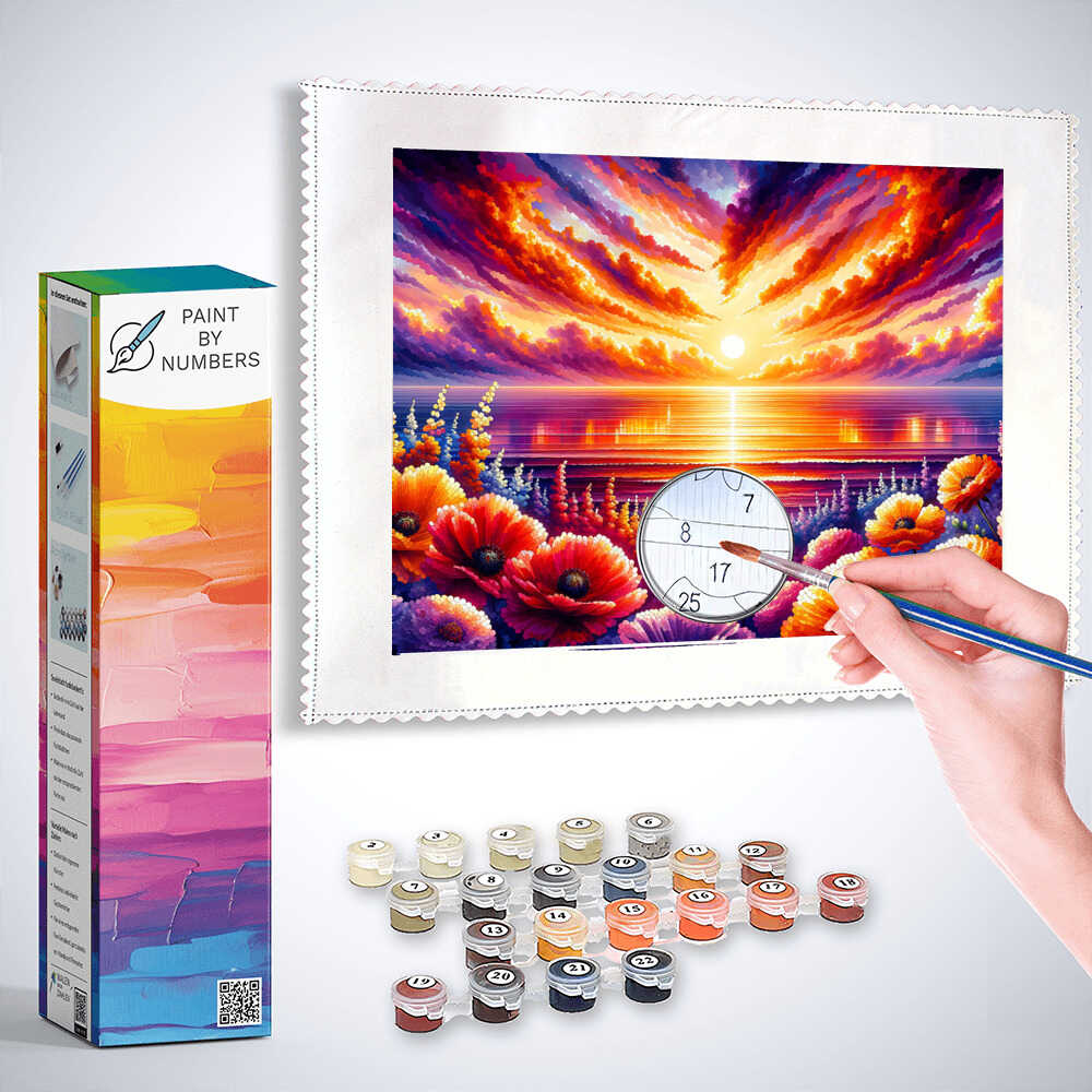 Sunset, sea with flowers - Paint by Numbers