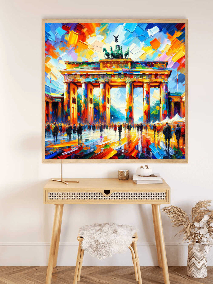 Paint by Numbers - an abstract colorful depiction of the Brandenburg Gate with bold blue, orange, and red brushstrokes hanging above a wooden desk.