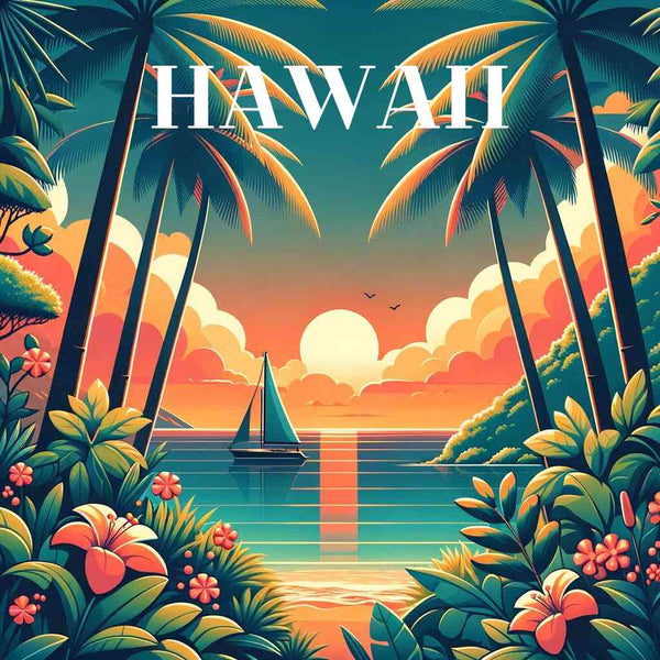 Paint by Numbers - Tropical Sunset Dream with palm trees, sailboat on the sea, and vivid orange-red sunset, Hawaii title on top.