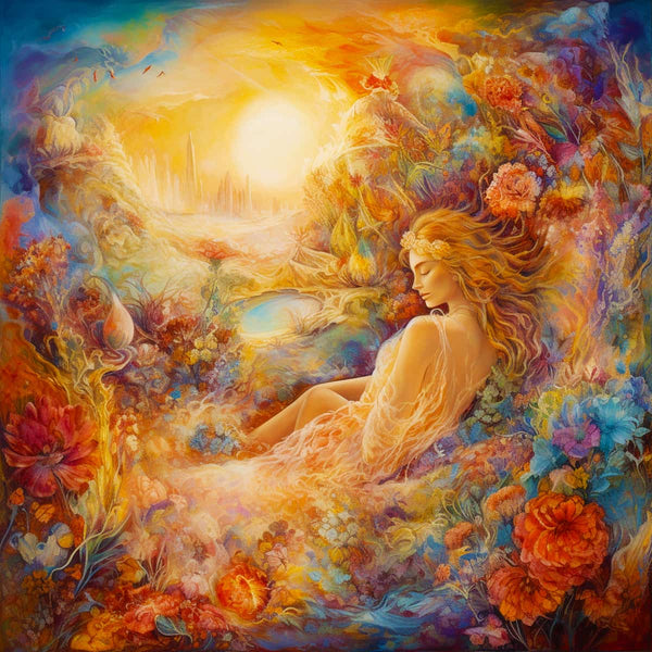 Vibrant diamond painting of a serene woman surrounded by colorful flowers and a radiant sunlit landscape.