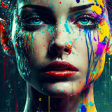 Close-up of a woman's face with vibrant paint splatters, creating an artistic and colorful expression, highlighting a creative painting style.