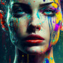 Close-up of a woman's face with vibrant paint splatters, creating an artistic and colorful expression, highlighting a creative painting style.