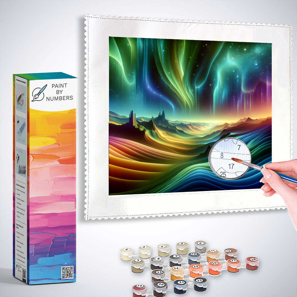 Paint by Numbers kit featuring Northern lights of a fantasy world with majestic mountains, celestial greens, and azure sky.