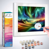 Paint by Numbers kit featuring Northern lights of a fantasy world with majestic mountains, celestial greens, and azure sky.