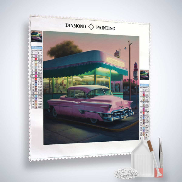 Diamond Painting Kit - Nostalgic gas station and classic car design, Paint by Numbers set including canvas, acrylic diamonds, tweezers, and pen.